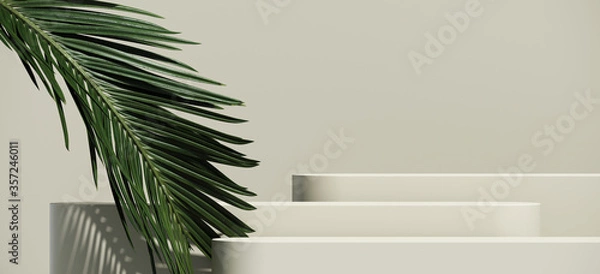 Fototapeta Minimalne tło kosmetyczne do prezentacji produktu. Kosmetyczne butelki podium i zielony liść palmowy na szarym kolorze tła. 3d odpłacają się ilustrację. Zawiera ścieżkę przycinającą izolat obiektu.