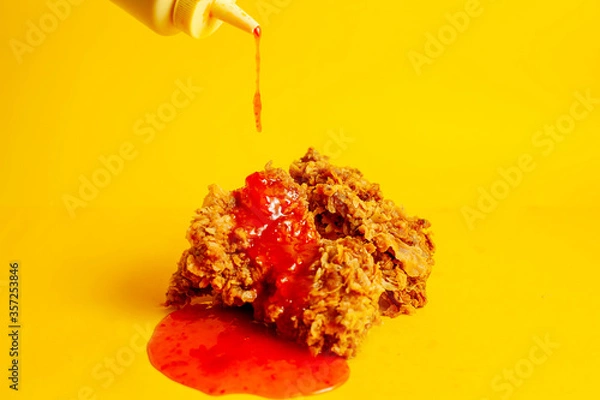 Fototapeta Crispy fried chicken against a bright yellow background