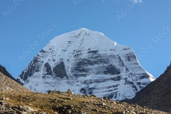 Fototapeta View on snowy slopes of mountain Kailash from pilgrimage trekking path around the mountain, Tibet, Asia