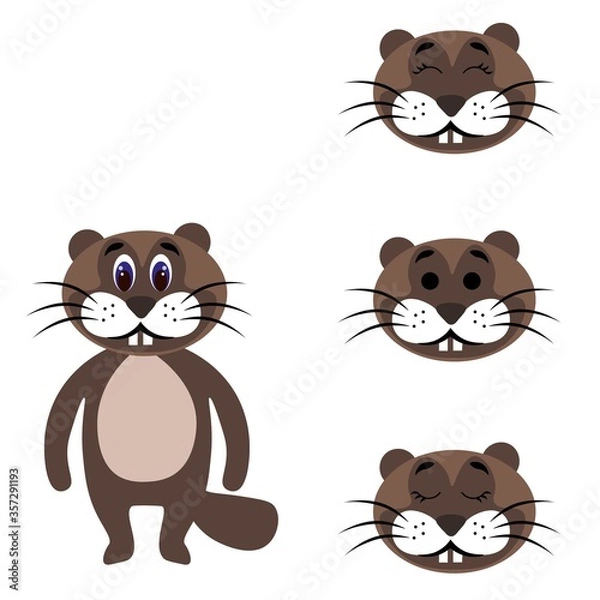 Fototapeta Cute beaver torso with extra heads isolated on white background. Animal emotions. Cute wild animals. Stock vector illustration for books and magazines, clothes, fabrics, postcards, internet.