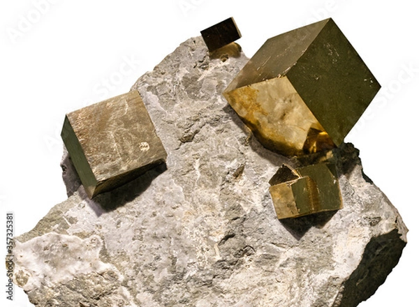Obraz Pyrite cubic crystals embedded in a matrix on white background