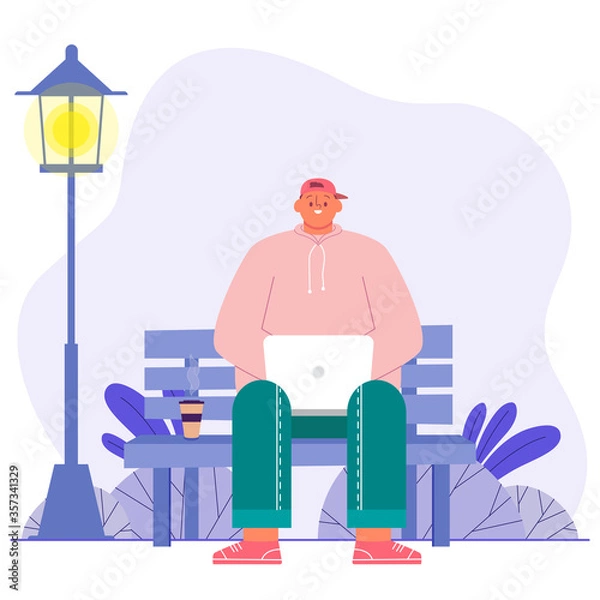 Fototapeta Young man freelancer working on computer vector illustration