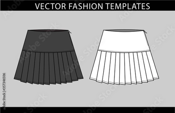 Obraz SKIRT fashion flat sketch template, pleated skirt front and back
