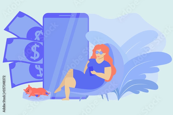 Obraz A girl with a phone sitting on a chair.work at home concept blue color Vector illustration in lineart style.
