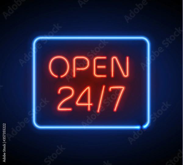 Obraz Neon sign Open 24 7 light vector background