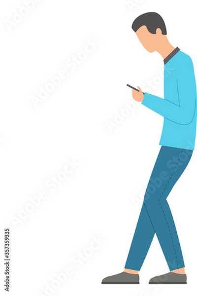 Fototapeta The man is leaning back against the wall, looking at the phone. Isolated on a white background. Flat design. Vector illustration.