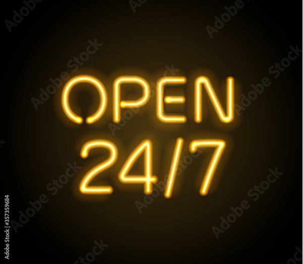 Obraz Neon sign Open 24 7 light vector background.