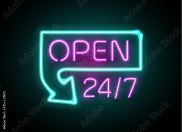 Obraz Neon sign Open 24 7 light vector background.