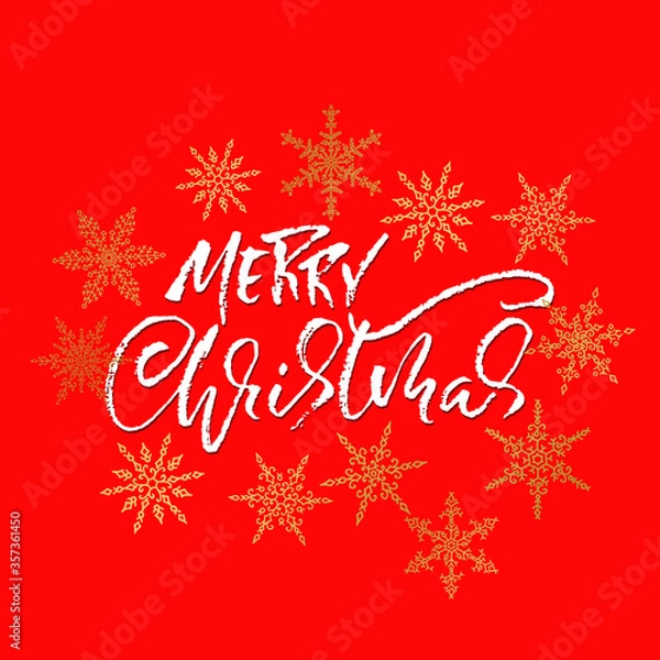 Obraz Hand drawn phrase Merry Christmas on red background. Modern dry brush lettering design with golden snowflakes ornament. Vector typography illustration.