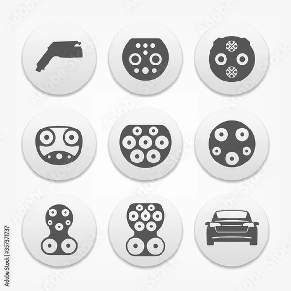 Fototapeta Zestaw podstawowych złączy do ładowania pojazdów elektrycznych. Ikony konspektu