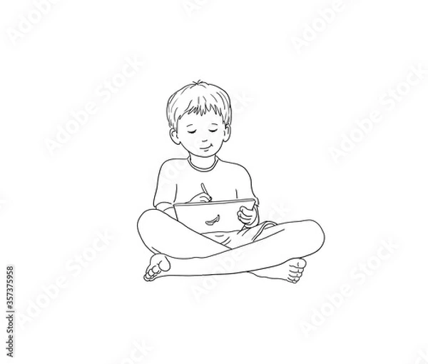 Fototapeta digitales Lernen, Schule zu Hause, Schüler Junge sitzt gemütlich barfuß im Schneidersitz mit Tablet und Stift, im Haus bleiben Pandemie Coronavirus Corvid-19 Virus 2020 Sommer lernen Denkblase Vorlage