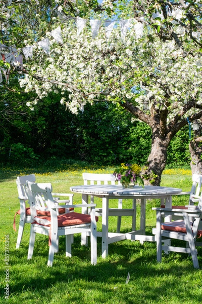 Fototapeta Table and chairs in the lush garden with apple tree on a summer day. Flower bouquet picked from the garden in a vase on the table. Photo taken in Sweden.