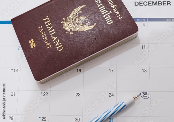 Obraz Thai passport, calendar and pen. Time to travel!