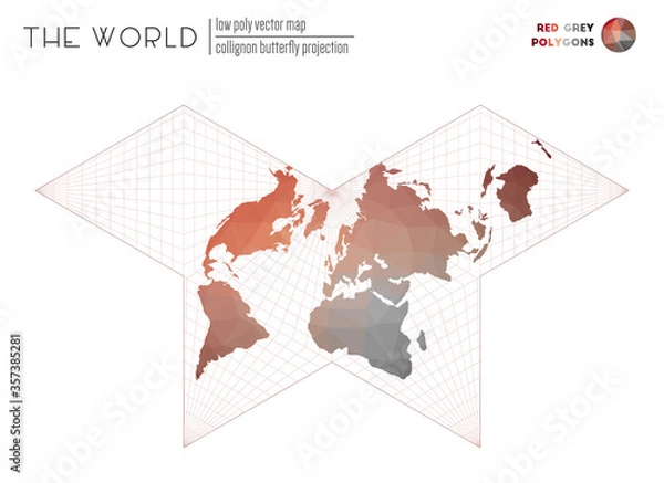 Fototapeta World map in polygonal style. Collignon butterfly projection of the world. Red and Grey colored polygons. Amazing vector illustration.