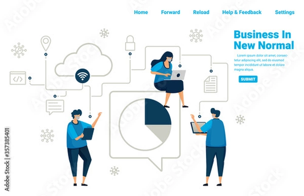 Fototapeta New normal business with connected database services and cloud computing, analyzing business to survive in pandmic covid 19. Illustration design of landing page, website, mobile apps, poster, banner