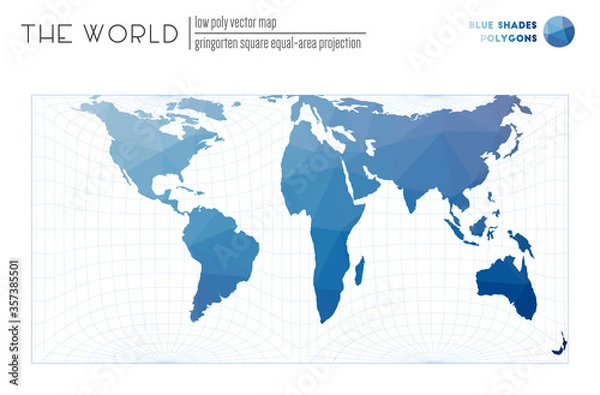 Fototapeta Abstract world map. Gringorten square equal-area projection of the world. Blue Shades colored polygons. Elegant vector illustration.