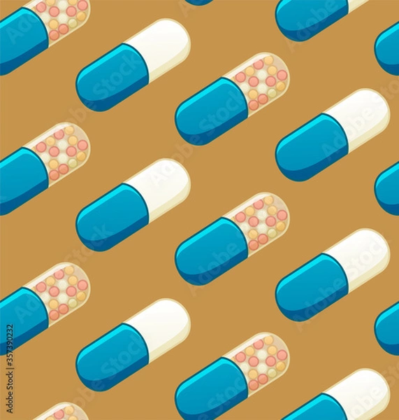 Fototapeta Flat style oval capsule pills seamless pattern on mustard background