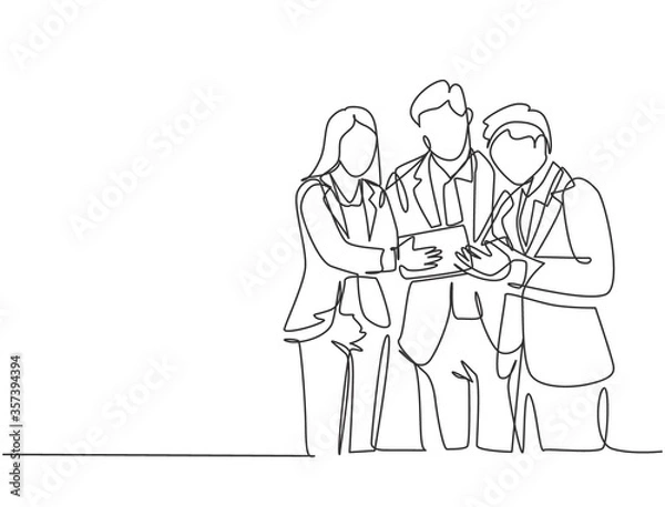 Fototapeta Single continuous line drawing of standing young male and female manager discussing company strategy to increase sales. Business marketing concept one line graphic draw design vector illustration