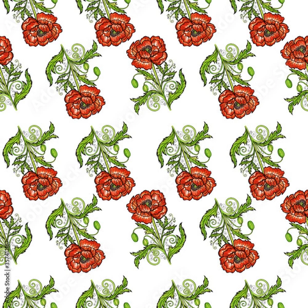 Fototapeta red orange poppies pattern white background