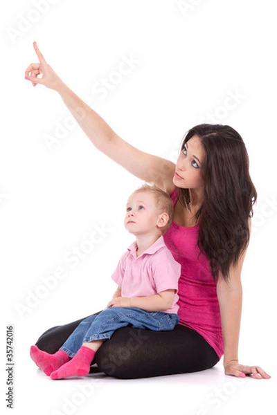 Fototapeta appy mother point finger to the up corner with child
