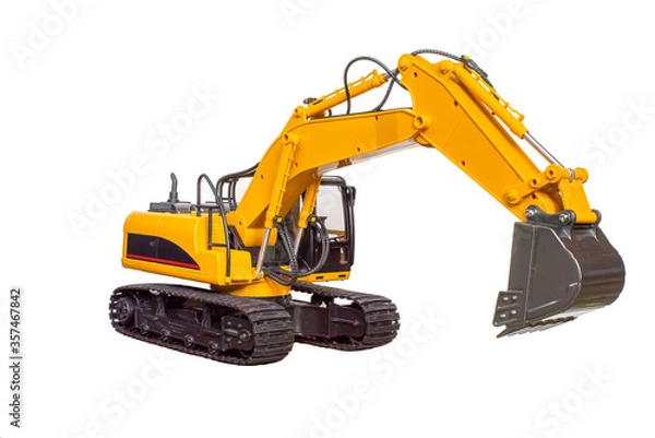 Fototapeta Toy model of the excavator "view from the right side" on a white background