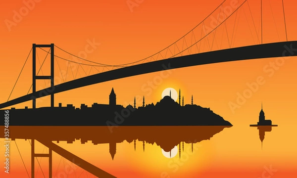 Fototapeta Istanbul silhouette and Bosphorus Bridge at sunset. vector illustration.