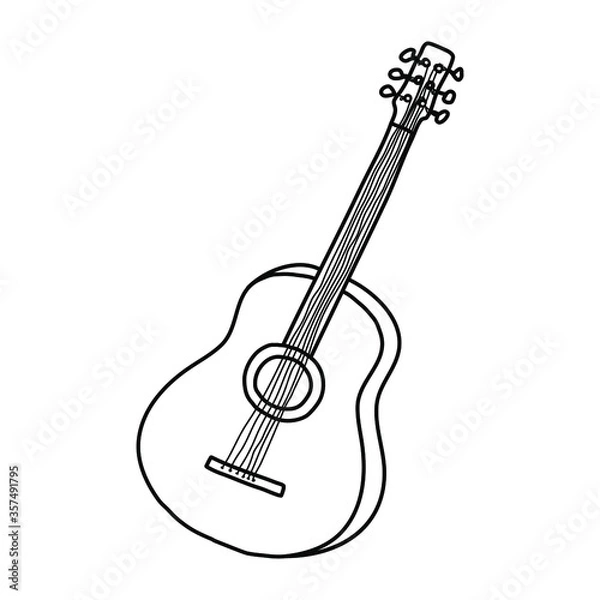 Fototapeta Hand drawn sketch of guitar in doodle style on white background. Vector illustration.