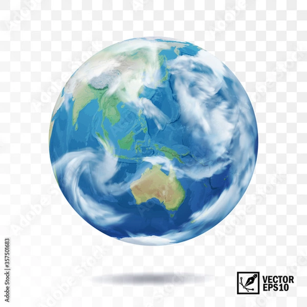 Fototapeta 3D realistic, isolated vector earth with clouds, globe with view of the continents of Australia and Eurasia