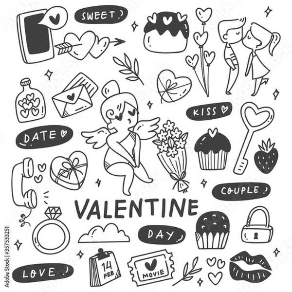 Fototapeta Set of Hand Drawn Valentines in Doodle Style, Suitable for Background, Fabric Print