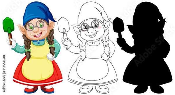 Fototapeta Gnome holding shovel in color and outline and silhouette in cartoon character on white background