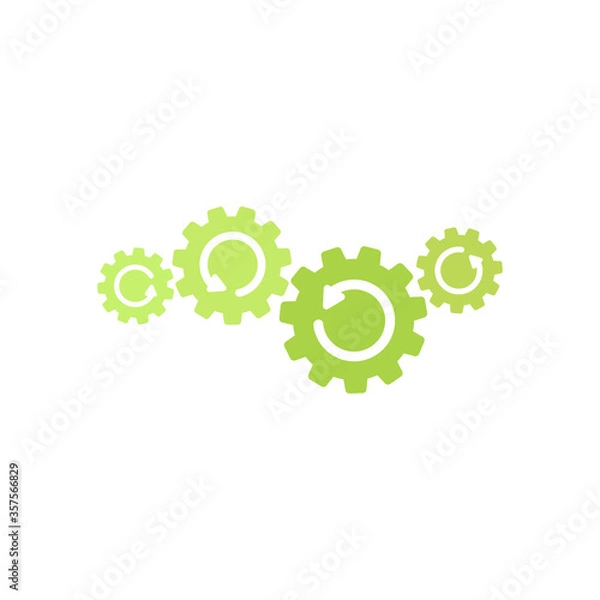 Fototapeta Three green gears with arrows. Flat icon isolated on white. Vector illustration for technology or innovation.