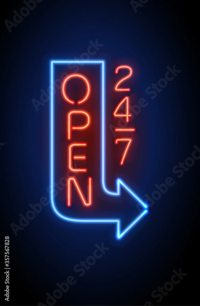 Obraz Neon sign Open 24 7 light vector background.
