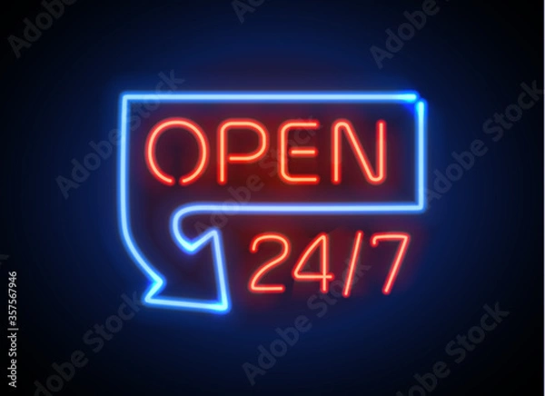 Obraz Neon sign Open 24 7 light vector background.