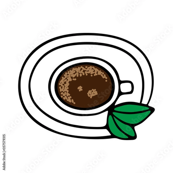 Obraz Large mug of coffee or cocoa on a saucer hand-drawn. Vector illustration in doodle style black outline with green and brown elements on a white background