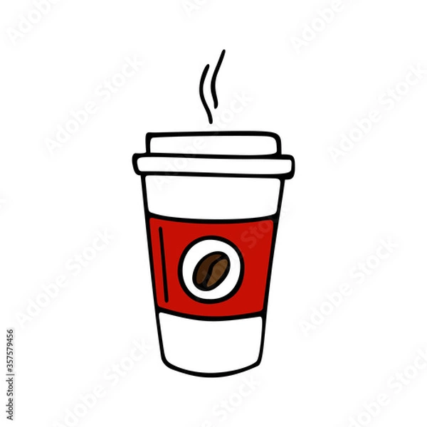 Obraz Paper cup of coffee hand-drawn. Vector illustration in doodle style black outline with red and brown elements on a white background