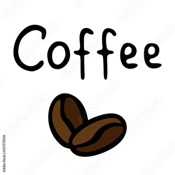 Obraz Two coffee beans and the inscription coffee hand-drawn. Vector illustration in doodle style black outline with brown elements on a white background
