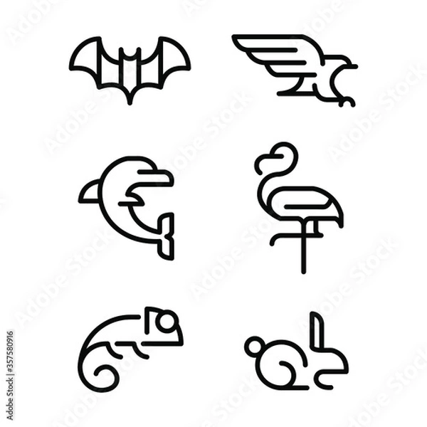 Fototapeta Isolated logo concept set of vector animals illustration rabbit flamingo dolphin bat chameleon lizard eagle