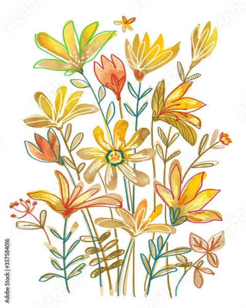 Fototapeta abstract, artist, backdrop, banner, bloom, blossom, botanical, botany, bouquet, branch, bud, childlike, crayon, decoration, drawing, elegant, elements, fantastic, floral, flower, graphic, illustration
