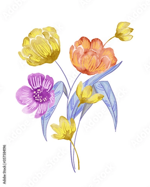 Fototapeta Watercolor flowers set. Hand drawn floral elements isolated on white background. Fantasy flowers, leaves and branch collection.