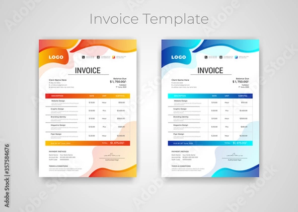 Fototapeta Abstract modern colorful business invoice template. Quotation Invoice Layout Template Paper Sheet Include Accounting, Price, Tax, and Quantity. With color variation Vector illustration of Finance Docu