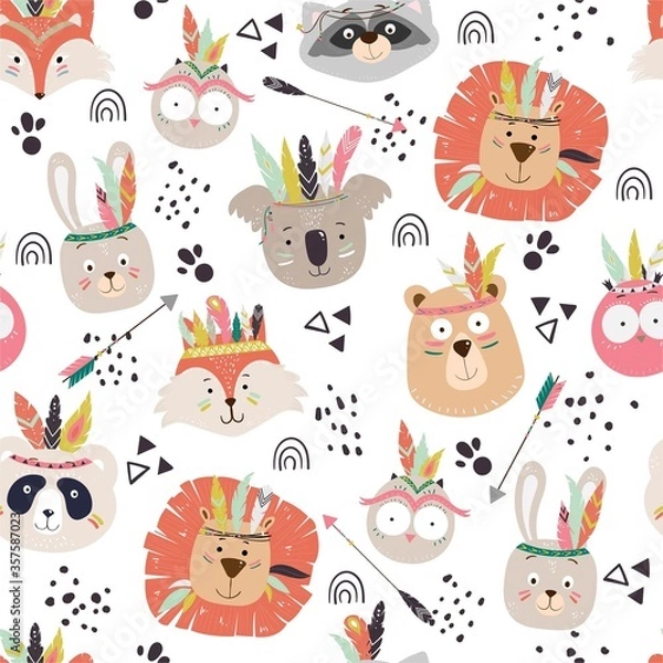 Obraz Seamless vector chuldish pattern with cute tribal animal faces. Scandinavian style illustration, indians with feathers