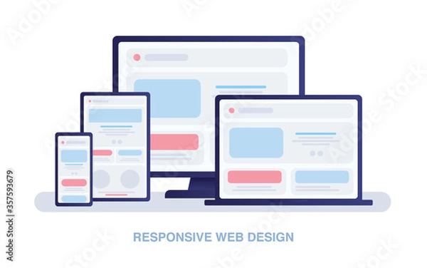 Fototapeta Adaptive programming icons set. Multi device development, software engineering. Responsive web design,  The website is open on computer, laptop, tablet and smartphone. Flat vector /Icon illustration.
