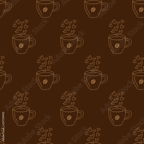 Obraz Large mug of coffee or cocoa hand-drawn. Vector seamless doodle pattern on brown background. Design for textile, print.