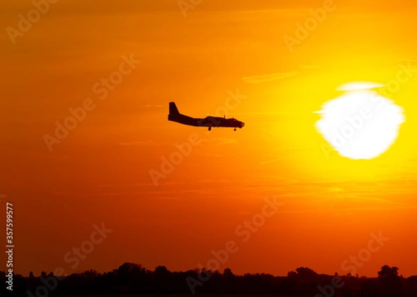 Obraz Airplane silhouette during sunset