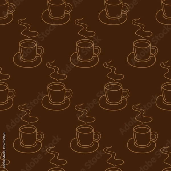 Obraz Large mug of coffee or cocoa hand-drawn. Vector seamless doodle pattern on brown background. Design for textile, wrapping, print.