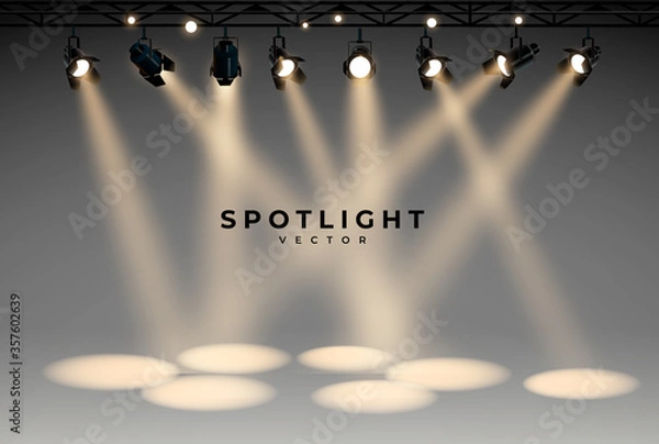 Obraz Spotlights empty scene. Illuminated design. Vector illustration. realistic stage with projector.