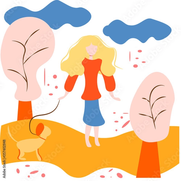 Fototapeta Girl walks in the forest with a dog. Colorful vector illustration in flat style