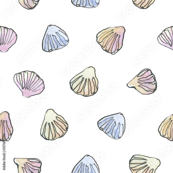 Fototapeta Watercolor hand drawn pattern with shells in sketch style on white background