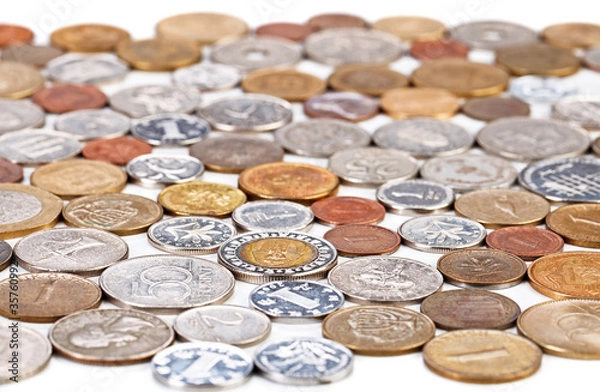Fototapeta Many different coins collection, monetary concept background