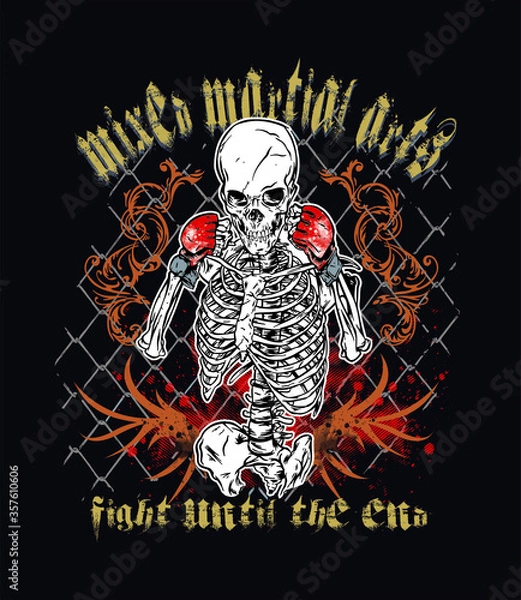 Obraz Skull and crossbones. Vector skull illustration, with MMA gloves, with grid and texture background. Suggested use for posters, banners, t-shirts and promotional items.